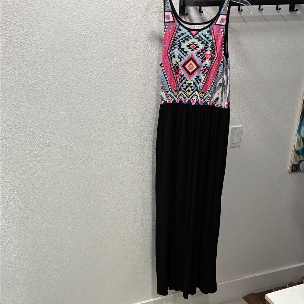 Sleeveless Black Maxi Dress with Pink Aztec-Print Bodice